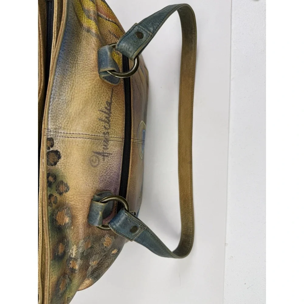 Anuschka peacock feather satchel bag studded blue hand painted signed art purse
